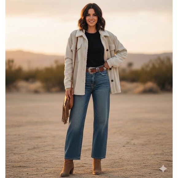 Corduroy Sherpa Lined Oversized Shacket Jacket M Button Up Soft Outerwear Beige - Picture 11 of 11